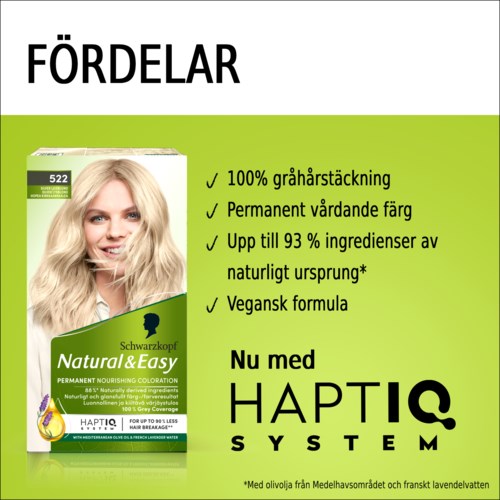 Verpakking voor Schwarzkopf Natural & Easy haarkleuring met een blond vrouw en belangrijkste voordelen.