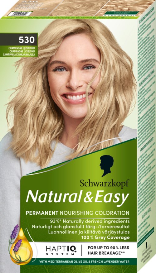 Doos met lachende vrouw, groen-wit etiket, haarverf voor natuurlijke, makkelijke kleuring. Kleine illustraties van kruiden en olie.