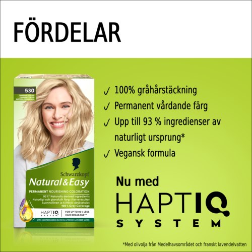 Groene achtergrond met lachende vrouw op haarkleurrade doos, tonen voordelen zoals kleurvastheid en natuurlijke ingrediënten.