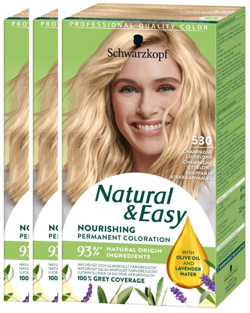 Drei Packungen Schwarzkopf Natural & Easy Haarfarbe mit einem lächelnden Frauen mit langen blonden Haaren auf der Verpackung.