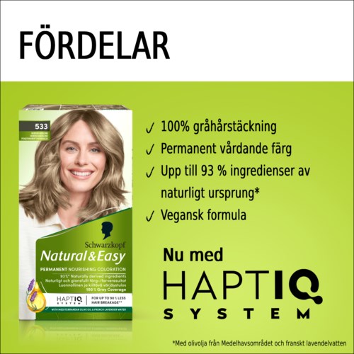 Doos met een vrouw met blond haar die haarverf met natuurlijke ingrediënten en vegan formule promoot.