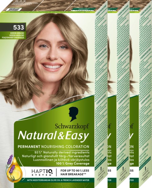 Verpakkingen van Schwarzkopf Natural & Easy haarkleur met een lachende vrouw op de voorkant.