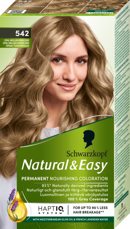 Een vrouw met lang, golvend blond haar glimlacht, op een groen-wit haarverfdoos.