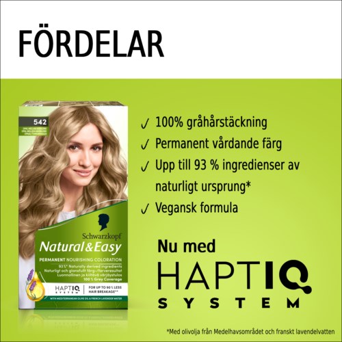 Een doos haarverf met een lachende vrouw en tekst die voordelen zoals natuurlijke kleur en vegan formule benadrukt.