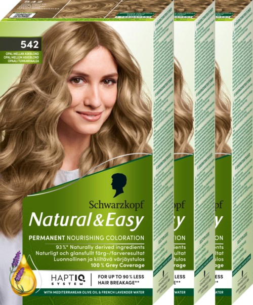 Dozen Schwarzkopf Natural & Easy haarkleuring, met een lachende vrouw en groene verpakking.