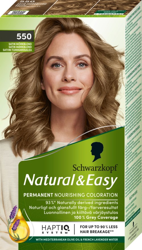 Een vrouw met mediumlang, krullend blond haar die glimlacht, op een haarverfdoos met de naam 'Natural & Easy' van Schwarzkopf.