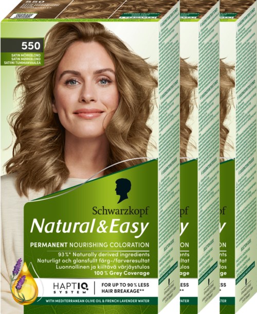 Schwarzkopf Natural & Easy Haarfarbe Kisten, mit einer lächelnden Frau mit blondem Haar.