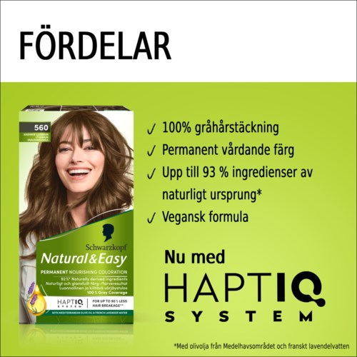 En hårfärgningsförpackning med en kvinna som har brunt, vågigt hår. Texten lyfter fram fördelar som hållbar färg och naturliga ingredienser.