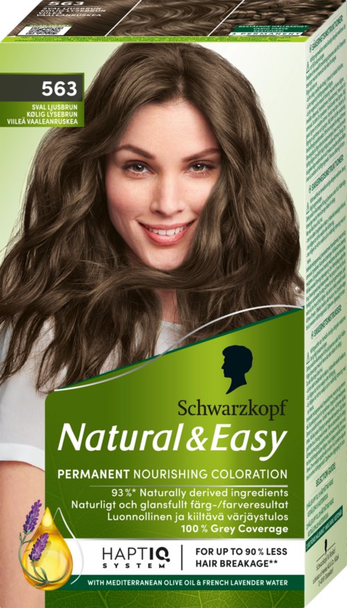 Een doos van Schwarzkopf Natural & Easy permanente haarkleuring met een lachende vrouw met lang, golvend bruin haar op de voorkant.