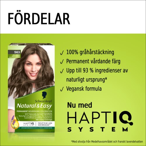 Verpakking van haarverf met een lachende vrouw en voordelen: natuurlijke kleur, veganistisch, goede dekking, ingrediënten.