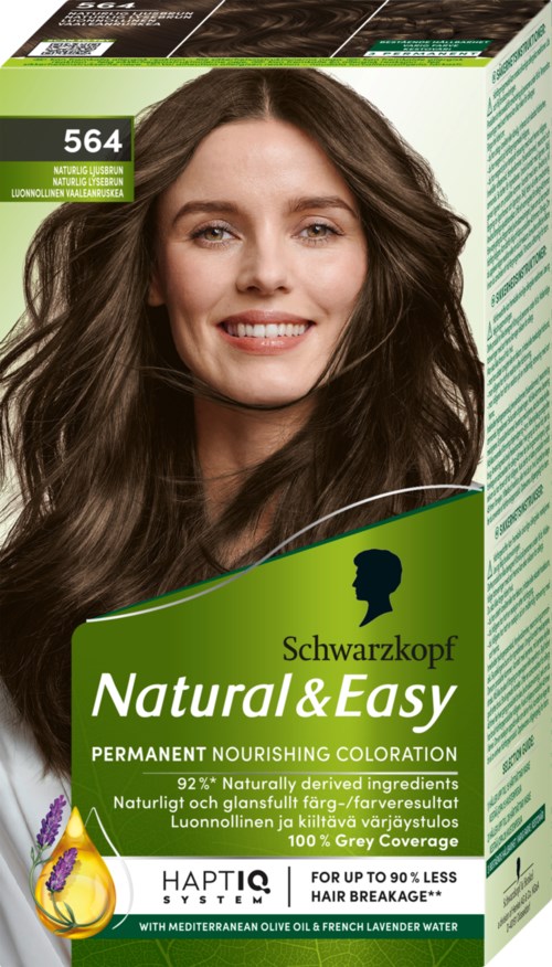 Groene doos met een glimlachende vrouw met lang, bruin haar en tekst over haarkleur en natuurlijke ingrediënten.
