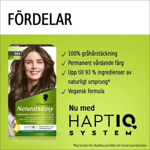 Verpakking met een lachende vrouw, groen en wit, met tekst die haarverfvoordelen en vegan formule promoot.