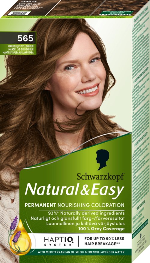 Een vrouw met lang, golvend bruin haar die glimlacht, op een doos haarverf met het label Schwarzkopf Natural & Easy.