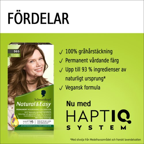 Groene en witte verpakking met een lachende vrouw, tekst benadrukt haarverf-voordelen, HåptiQ System logo.