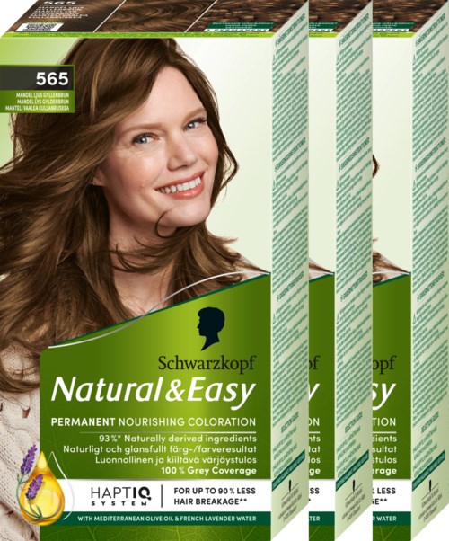 Verpakkingen van Schwarzkopf Natural & Easy haarkleuring met een lachende vrouw op de voorkant, die haarverandering toont. Bevat natuurlijke ingrediënten.