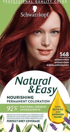 En hårfärgningsförpackning med en kvinna med långt rött hår, visar resultatet och produktens påståenden.
