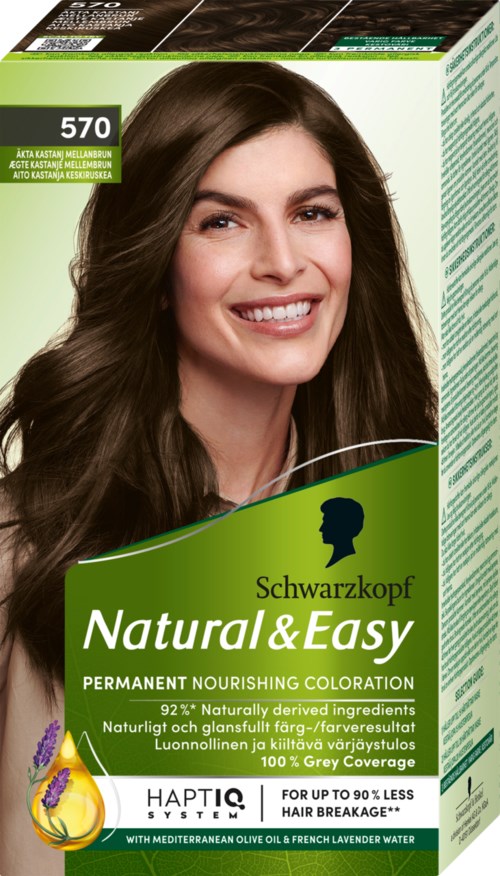 Haarkleuringsdoos met een lachend vrouwen gezicht, groen en wit label, en lavendelillustratie.