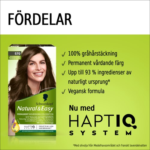 Helpt haar met natuurlijke ingrediënten, vegan formule, permanente kleur, 93% natuurlijk, en goede dekking, doos met een lachende vrouw.