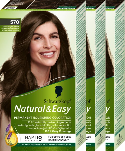 Schwarzkopf Natural & Easy Dauerhaarfarbe-Box mit lachender Frau auf der Vorderseite.