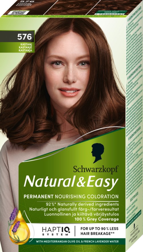 Een vrouw met middellang bruin haar glimlacht op een haarverfdoos. De doos is groen en wit, met een silhouetlogo en tekst.