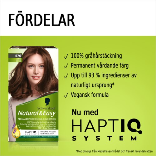 Tekst en productafbeelding voor haarkleur met opgesomde voordelen, inclusief dekking, natuurlijke ingrediënten en vegan formule.