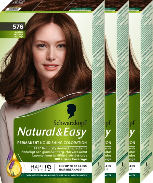 Vier Packungen Schwarzkopf Natural & Easy permanente Haarfärbemittel mit einer Frau, die ihre Haare zeigt.