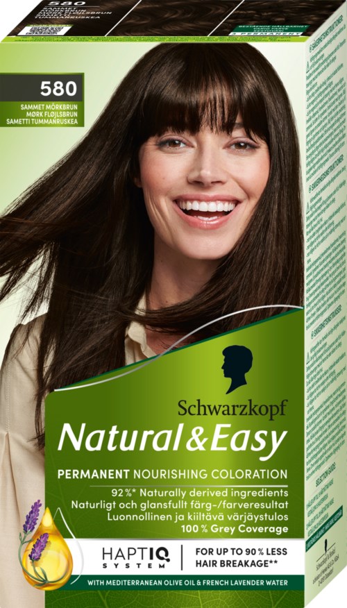 Een lachende vrouw met donkerbruin haar op een haarverfdoos met de tekst 'Schwarzkopf Natural & Easy' met groen en wit verpakkingen.