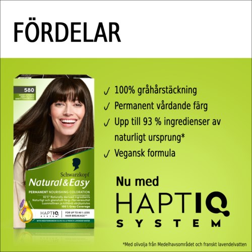 Illustratie van haarverfproduct met lachende vrouw, lijst met voordelen en HaptIQ System-logo.