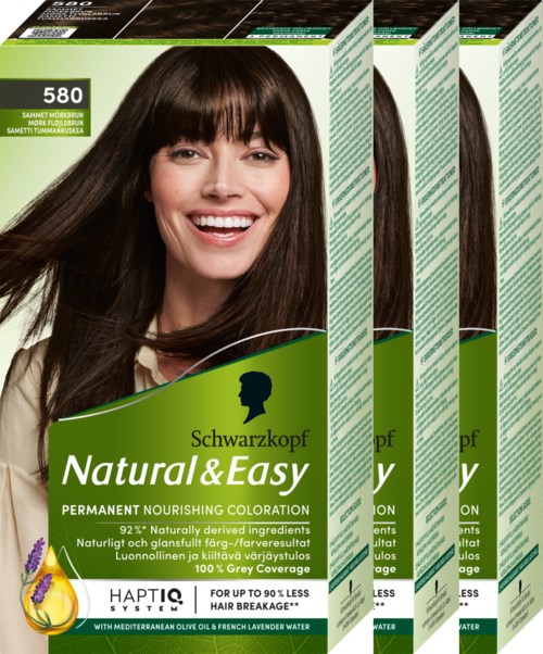 Haarfärbungskarton mit einer lächelnden Frau mit dunklem, glänzendem Haar und Produktname 'Natural & Easy' auf der Verpackung.