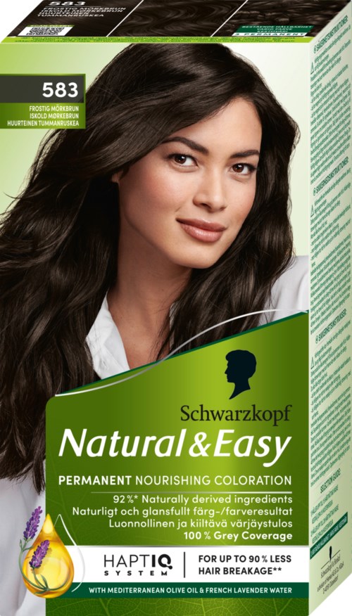 Haarkleuringsdoos met een vrouw met lang, donker, golvend haar en groen-wit verpakt.