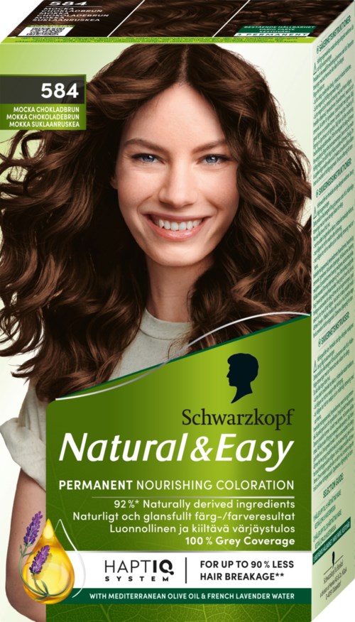 Een doosje Schwarzkopf haarverf met een lachende vrouw en lavendelillustraties.
