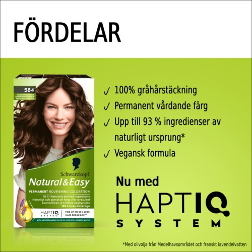 Groene doos met lachende vrouw, haarverf promotie en tekst over voordelen en vegan formule.