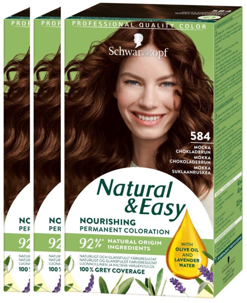 Schachtel mit Haarfärbemittel und eine lächelnde Frau, die natürliche und einfache Färbung mit Heilpflanzen, Olivenöl und Lavendelwasser zeigt.