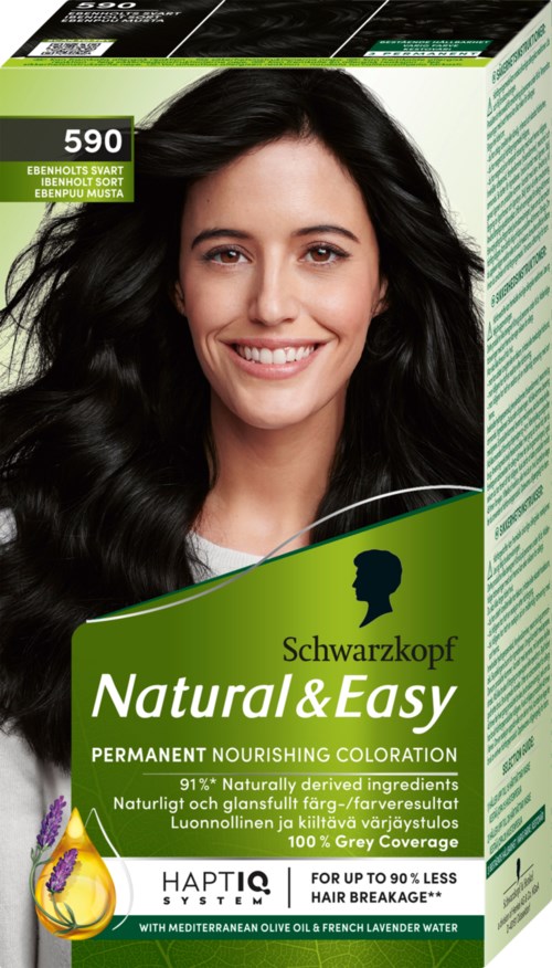 Een doos Schwarzkopf Natural & Easy haarverf met een lachende vrouw op de voorkant en groen-witte verpakking.
