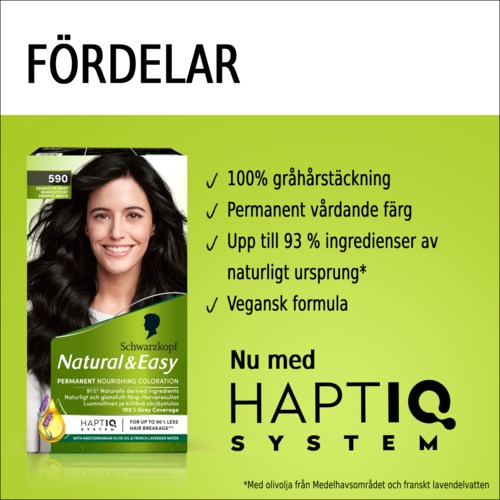 De afbeelding toont een haarverfdoos met een lachende vrouw en voordelen zoals langdurige kleur en natuurlijke ingrediënten.