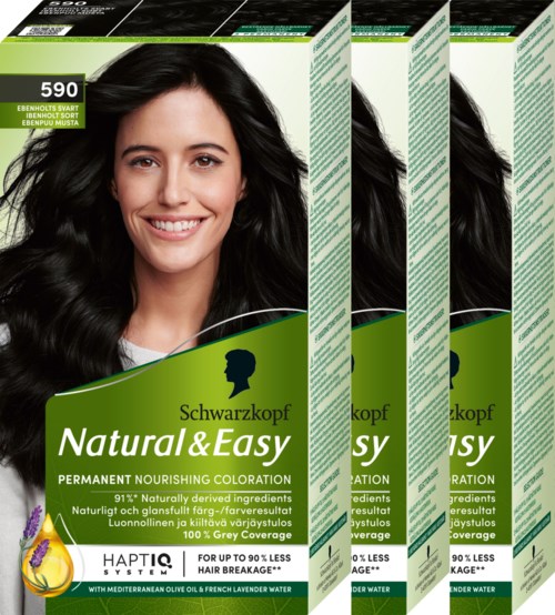 Schwarzkopf Natural & Easy Dauer-Haarfärbung Kartons mit lächelnder Frau mit schwarzen Haaren auf der Verpackung.