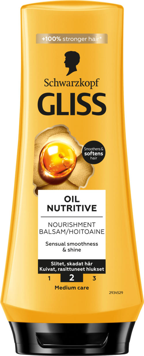 Een gele fles Schwarzkopf Gliss olie voedende haarconditioner met zwart deksel en labelgegevens.
