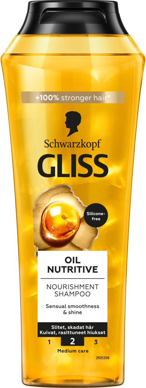 Gele fles met zwarte dop, gelabeld 'Schwarzkopf Gliss Oil Nutritive' voor voedend haar. Bevat de nummers 1, 2, 3.