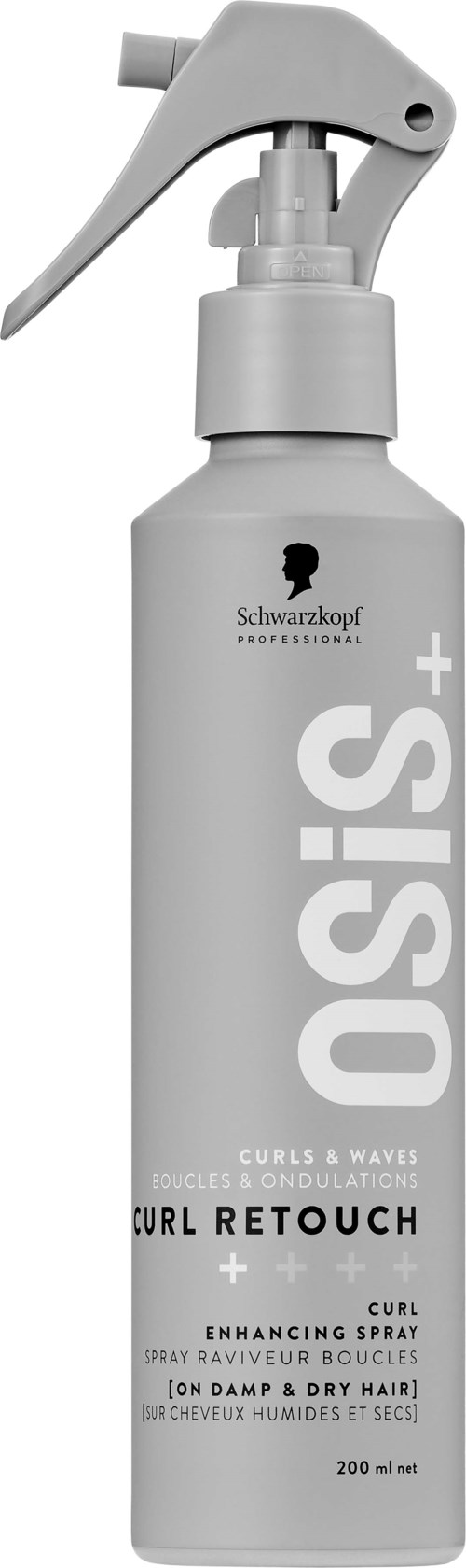 Eine weiße Sprühflasche mit dem Label OSIS+ Curl Retouch für Locken und trockenes Haar.