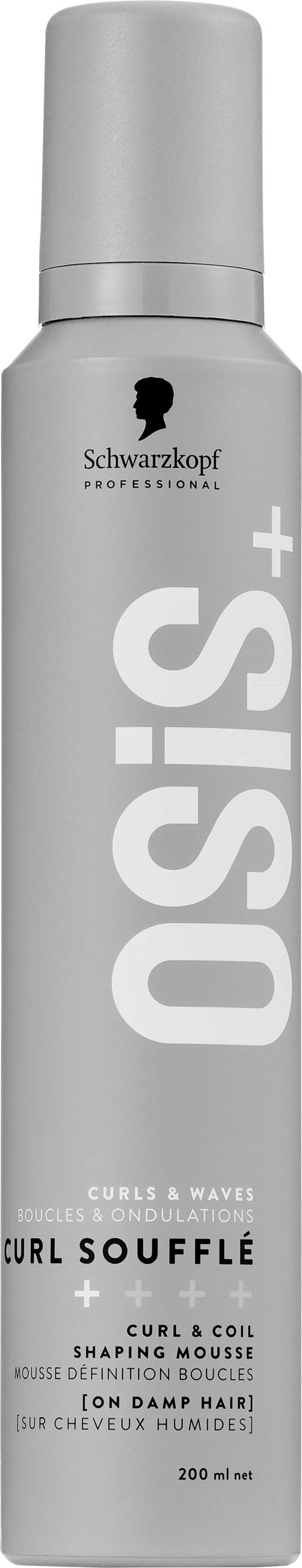 Pitkä valkoinen pullo, jossa lukee OSIS+ kiharoihin, yläreunassa mustavalkoinen logo.