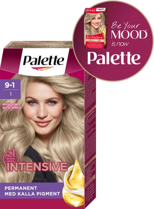 Een haarverfdoos met een lachende vrouw met lang blond haar, tekst over kleur en merk, en een label met 'INTENSIVE'.