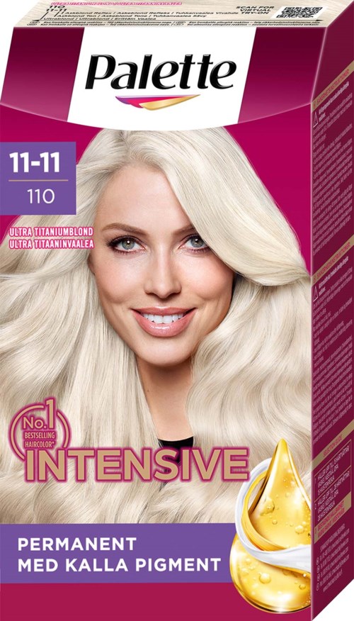 A hair dye box labeled 'Palette,' showing a smiling woman with long, platinum blonde hair and purple, gold, and pink colors.