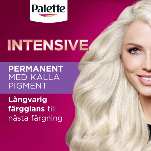 A woman with long, light blonde hair smiling on hair dye product packaging. Bright pink and purple background with text.