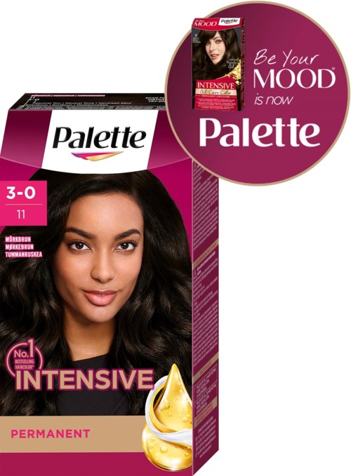 Een haarverfdoos met een vrouw met donker, golvend haar, roze en witte tekst, en een goudkleurige druppel.