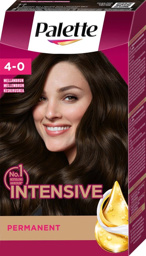 Een lachende vrouw met lang, glanzend bruin haar op een haarverfdoos met 'Palette Intensive Permanent 4-0' in roze en beige.