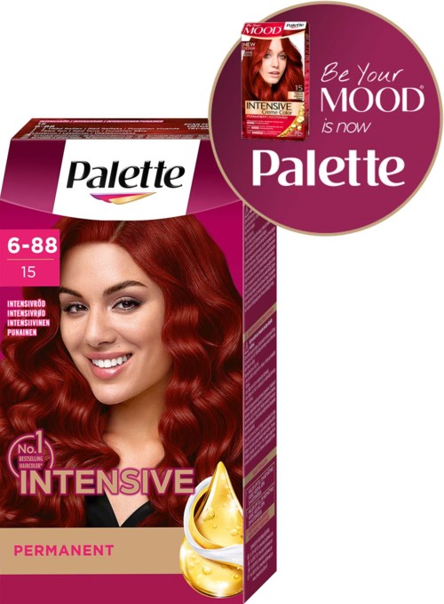 Haarkleurdoos met lachende vrouw en een gouden druppel. Tekst vermeldt 'Palette', 'Intensive' en 'Permanent'.