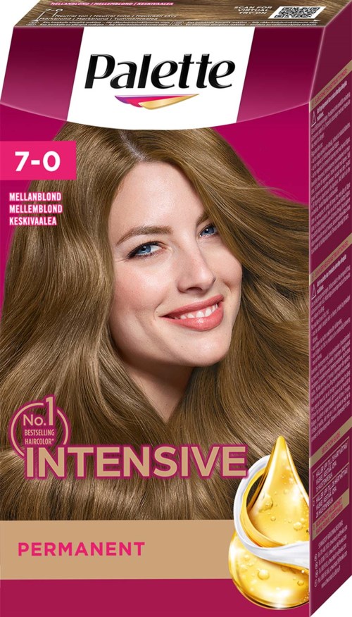 Een vrouw met lang, glanzend blond haar die glimlacht op een haarverfdoos gemarkeerd Palette 7-0, Intensive Permanent.