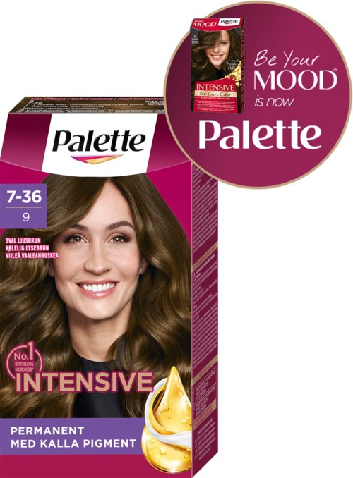Een haarkleurdoos van Palette met een lachende vrouw, paars en wit, en een ronde logo met "Be your mood now."