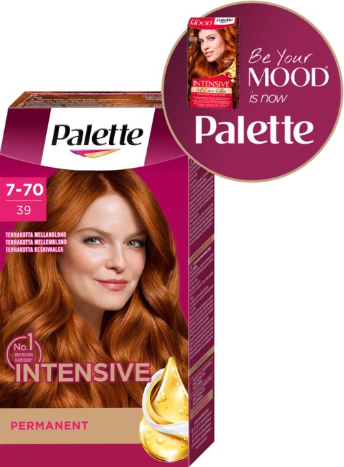 Box with a red-haired woman, hair color number 7-70, product named Palette Intensive Permanent hair dye.