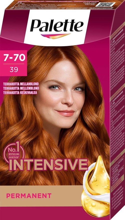 A box of Palette hair dye with a smiling woman showing long, red hair. It is labeled as permanent and intensive.
